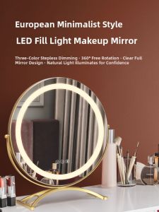 Large Desktop LED Makeup Mirror with Light Charging for Bedroom Simple Ins Popular Dressing Table Mirror Nordic Style Metal Frame