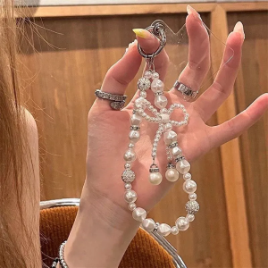 Unique Design Cute Pearl Butterfly Knot Mobile Phone Chain Car Key Ring Bag Pendant Silver Tone Fashionable Digital Accessories