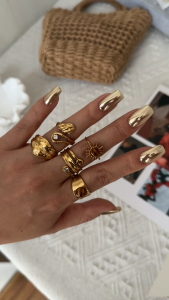 Stainless Steel Gold Tone Tiger Eye Stone Sun Hammered Stackable Ring Waterdrop Vintage Statement Ring for Women Jewelry Gift