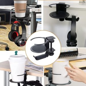 1PC No-Drill Iron Cup Holder Desk Edge 360-Degree Rotating Earphone Stand Water Cup Restraint