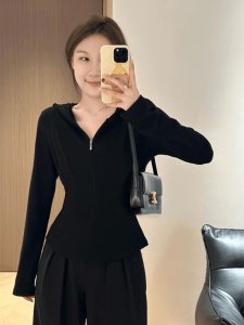 Áo Len Dệt Kim Màu Đen Dài Tay Thời Trang Thu Đông Cho Nữ Cỡ Lớn Có Mũ Trùm Đầu Áo Khoác Cardigan Dáng Ôm Chất Liệu Khác