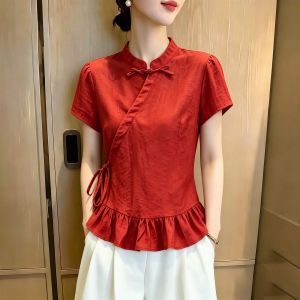SHUAIYUE | Áo Blouse Tay Ngắn Màu Đỏ Phong Cách Trung Quốc Cổ Đứng Nút Ếch Xòe