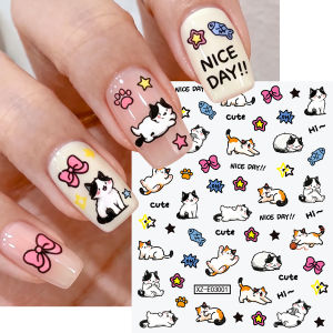 1Pcs 3D Lovely Multi-Pose Cats Nail Stickers Cartoon Fish Star Bow Paw Self Adhesive Nails Decals Cute Kitten Manicure Sliders 1