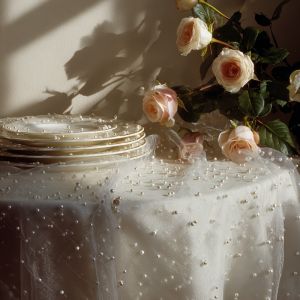 White Pearl Beaded Sheer Tulle Roll Soft Gauze for Wedding Table Runner Ceremony Arch Drape Chair SashBridal Shower Backdrop