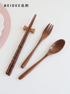 Bộ Ba Món Bát Đĩa Bằng Gỗ Sồi Đen Thìa Đũa Thìa Ăn Tráng Miệng Bộ Đồ Ăn Bằng Gỗ Dùng Một Lần Cho Học Sinh Du Lịch