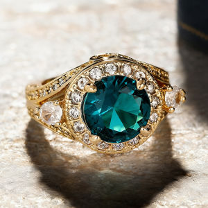 Huitan Women Ring Gold Color Inlaid Bright Blue CZ Noble Wedding Party Promise Accessories Fashion Lady Charming Bridal Jewelry