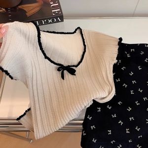 Khaki Butterfly Knot Color Block Lace Knitted Short Sleeve T-Shirt Women Summer New Tight Spicy Short Style Top Korean Version