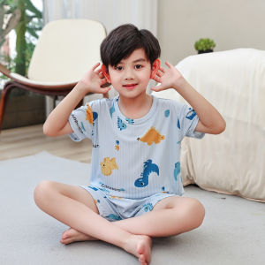 Childrens Summer Ice Silk Sleepwear Short Sleeve Thin Set Boys Home Clothes Air Conditioning Suit Breathable Moisture Wicking Antibacterial