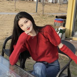 Christmas Red Knitted Sweater Womens Short Top Bubble Sleeve Design Autumn Winter Commute Style Regular Fit Woolen Coat