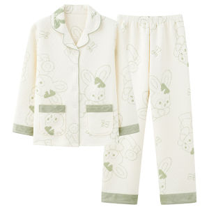 miiow | Thickened Air Cotton Sleepwear Set For Women With Fleece Lining Double Layer Long Sleeve Home Clothes Autumn Winter New Arrival