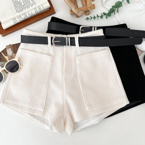 แฟชั่นเอวสูงกางเกงกํามะหยี่สําหรับผู้หญิงสบายๆสไตล์กระเป๋าคู่กางเกงขาสั้นหลวม Fit เสื้อผ้าทํางานกับเข็มขัด