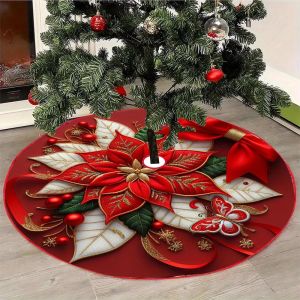 VIKAMA Red Flower Christmas Tree Skirt Cushion Made Of Linen For Home Decoration Suitable For Thanksgiving And Christmas