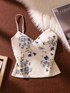 Elegant French Satin Floral Print Crop Top Womens Summer Thin Strap Vest with Chest Pad Fashionable Commute Style Polyester Blend
