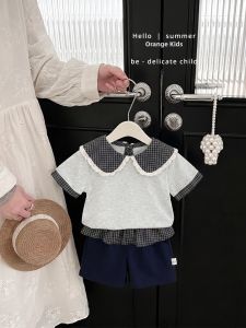 Flared Collar Grid Print Summer Clothing Set for Toddler Girl Lightweight