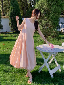 Summer French Style Pink A-Line Vest Dress Womens Unique Bouquet Design Sleeveless Natural Waist Long Dress round Neck