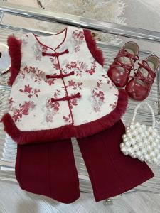 Girls Flag Dress Jacket Fleece Lined Long Pants New Winter Outfit Childrens Warm Clothing Set Commute Style Korean Version Cotton Material