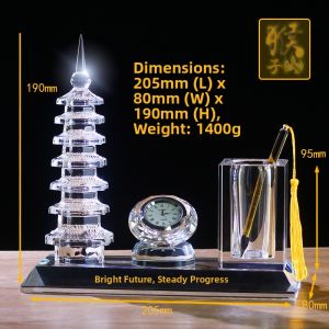 HOUZISHAN | Crystal Wen Chang Tower Pen Holder Clock Educational Advancement Decor
