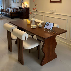 French Mid-century Style Ripple Wooden Dining Table And Chair Set for Living Room Small Household Long Rectangle White Basswood Table