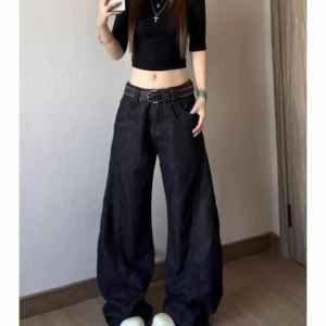 Quần Jean Nữ Cạp Cao Dáng Rộng Màu Đen Phong Cách Vintage Ống Rộng Thoải Mái Dáng Thẳng Dài Bộ Sưu Tập Mùa Xuân Quần Jean Thường Ngày