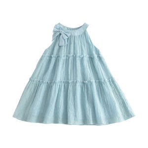 Menoea 2-7 Years Girls Summer New Mesh Birthday Party Dresses Solid Color Korean Version Bow Neck Hanging Multi-layer Cake Princess Dress Kids Sleeveless Fashion Wear Clothing