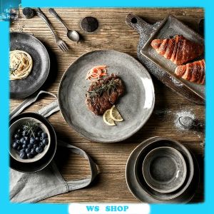 ชุดชามโบราณขนาดใหญ่ 3 ช่อง คิดถึงชามขนาดกลาง และเผาญี่ปุ่น เครื่องใช้โต๊ะอาหารเซรามิค ความคิดสร้างสรรค์จานสเต็ก