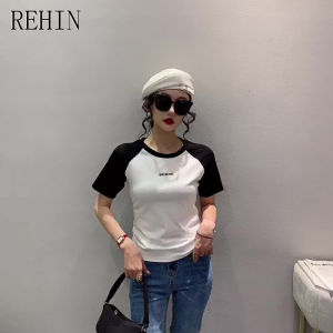 REHIN Summer new design niche insert shoulder short-sleeved T-shirt splicing color matching womens tops