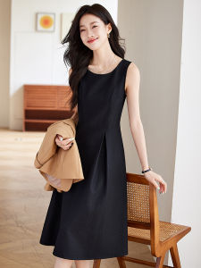 ชุดเดรสยาวแขนกุดสไตล์ฝรั่งเศสย้อนยุคสำหรับผู้หญิงในฤดูใบไม้ร่วง กระโปรงทรงเอเอวสูง ผ้าโพลีเอสเตอร์ กระโปรงทรงเอ