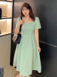 plus Size Womens Short Sleeve Long Dress Square Collar Retro Style New Summer Fashion Korean Version High Waist A-Line Skirt