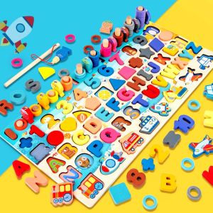 DREAMToy Mainan Matematika Bayi Montessori Mainan Kayu Pendidikan Anak Mainan Kayu 7 in 1 Memancing Menghitung Angka Mencocokkan Mainan Puzzle Papan Kayu Bentuk Digital