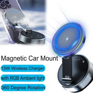 15W Wireless Charging Car Phone Holder RGB Light Dashboard Vacuum Suction Cup Stand 360 Degree Rotation for iPhone 17~12 Samsung