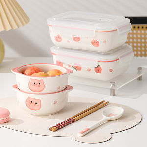 กล่องอาหารเซรามิกลายหมูน่ารัก ทรงกลม 3 ช่อง ดีไซน์น่ารักสำหรับผู้ใช้งานออฟฟิศ ปิดสนิท ทนความร้อนได้ สีชมพู