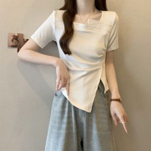 Vintage Bất Đối Xứng Áo Thun Nữ Tay Ngắn Nữ Mùa Hè Slim Fit Thiết Kế Đa Năng Cảm Giác Hẹp Thường Tay Cổ Vuông Phối