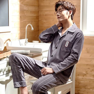 Men Pajamas Spring and Autumn 100% Pure Cotton Long Sleeve Suit Dad Casual Cardigan plus Size Homewear Can Be Outwear