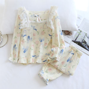 Japanese Style Childrens Long Sleeve Cotton Pajamas Set a Class Home Clothes Cute Rabbit Lace Girls Sleepwear Princess Print