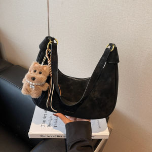 Browan Suede Underarm Crescent Moon Bag Womens New 2025 Luxury Small High-End Sensation Firecracker Bag Leisure Zipper Closure