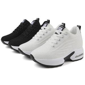 Sneakers for Women Height Increasing 9cm Breathable Flyknit Big Size 34-41 Non-slip Casual Air Cushion Platform Shoes Black White