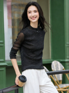 Vimly | Slimming Sheer Glitter Stand Collar T-Shirt