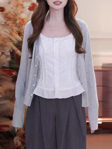 Shalldoer | Gray Thin Sun Protection Open Cardigan Coat Womens Inner Wear Wooden Edge White Strap Vest Two-Piece Set Plus Size Casual Style