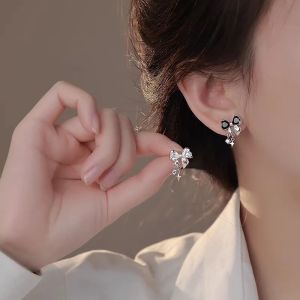 Korean Fashion Bow Silver Color Drop Earrings for Women Zircon Bow Earring Rhinestone Bow Ear Stud Pendientes