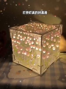 Tulips Mirror Lamp DIY 20 flowers Tulip Night Lamp Mini Tulip Night Light Cube Tulip Night Light Led Tulip Flower Night Lamp Creative DIY Tulip Mirror Rubiks Cube Lamp Simulation Flower Bedroom Table Lamp Handmade Tulip Mirror Night Lamp Birthday Gift
