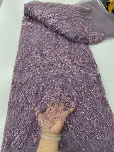 2026 Pink African Sequins Beaded Lace Fabric High Quality 5 Yards Nigerian Embroidery French Lace for Party Wear