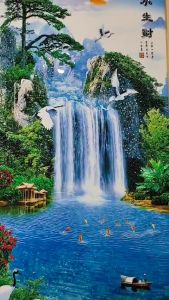 Lukisan Pemandangan Air Terjun 1 Kristal Porcelain 5D 40X80cm Frame Emas LP019