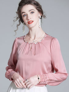 เสื้อยืดไหมคอกลมแขนยาวคุณภาพสูงสำหรับผู้หญิง ฤดูใบไม้ร่วง 2025 ใหม่ ชุดเสื้อผ้าทำงานสไตล์ไฮเอนด์ ดีไซน์เรียบง่าย