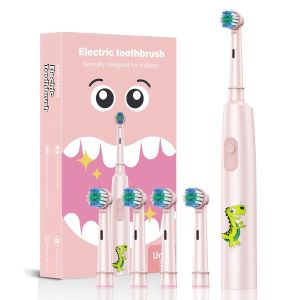 Childrens Rotating Electric Toothbrush with 4 Heads Cartoon Round Toothbrush Deep Cleaning USB Rechargeable for Kids