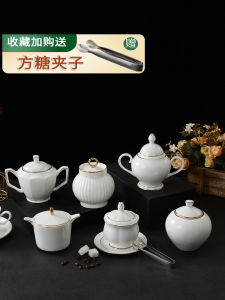 Bone China Coffee Sucrier with Lid British Style Golden Edge Sugar Bowl Square Sucrier White Granulated Sugar Chopsticks Ceramic Candy Box with Clip