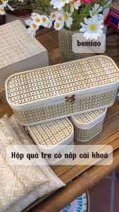 Giỏ tre có nắp cài khóa BEMIAO làm quà tặng Hộp quà mây tre đan đựng bánh kẹo trà yến Giỏ quà tre