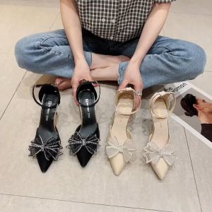 Stiletto Womens Lace Line with Beige Wedding Shoes with Pointed Bow Tie Bridesmaid Single Shoes