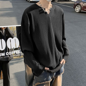 Spring Stylish Niche Style Ruched Drape Long Sleeves T-shirt Mens Trendy Loose Casual V-neck Couple Bottoming Shirt Tops