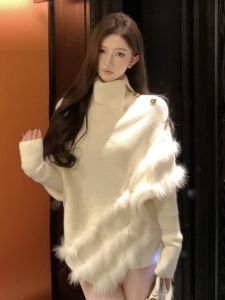 GUZILIAN | Korean Style Loose Fit High Collar Long Sleeve Sweater Women Winter Irregular Mink Patchwork Knitted Mid-Length Elegance Top