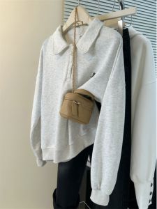 Chic Vintage Hong Kong Style Long Sleeve Sweatshirt Women Spring Autumn Loose Slimming Thin Polo Collar Top Coat Korean Version